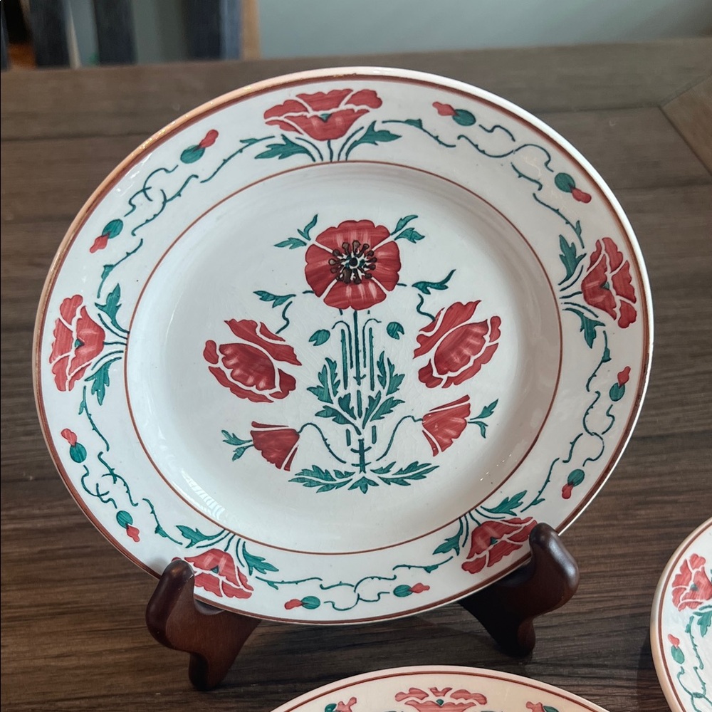ANTIQUE Villeroy & Boch Dresden Saxony Red Poppy Bread & Butter Plates (8) - Picture 11 of 16